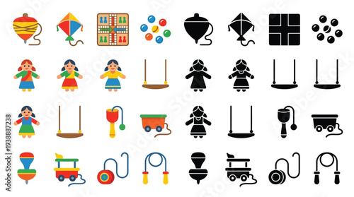 Collection of traditional Indian toys and games, including spinning tops, kites, dolls, marbles, and swings, presented in both colorful and silhouette styles.