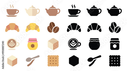 A collection of flat design icons representing breakfast items and beverages, including coffee cups, teapots, croissants, jam jars, sugar cubes, spoons, and biscuits.