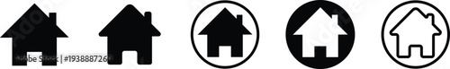 A set of five distinct black and white house home icons including solid filled and outline versions suitable for interface design elements