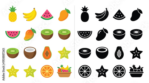 Collection of colorful and silhouette fruit icons, including pineapple, bananas, watermelon, mango, kiwi, coconut, papaya, and star fruit, presented in a grid layout.