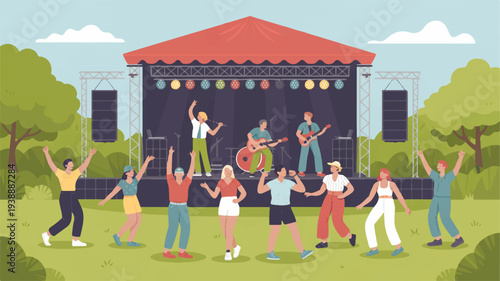 People dancing and enjoying live music at outdoor festival with band on stage under colorful lights