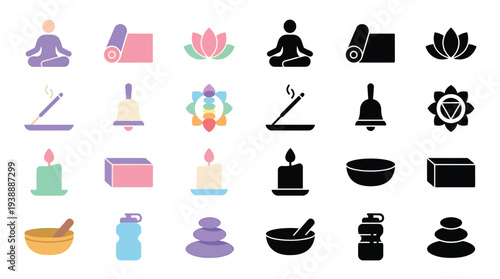 A collection of colorful and black silhouette icons representing yoga, meditation, and wellness practices.