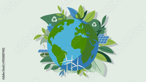 Earth surrounded by green leaves and solar panels symbolizing eco friendly technology and sustainable energy solutions globally