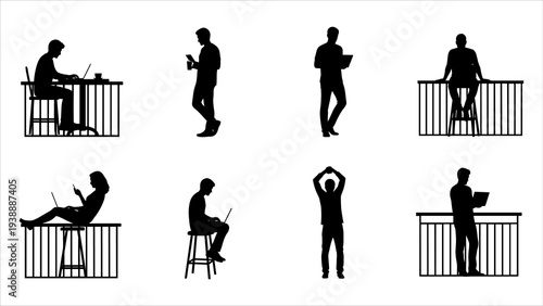 Silhouetted workers in various poses on balconies, captured from different viewpoints