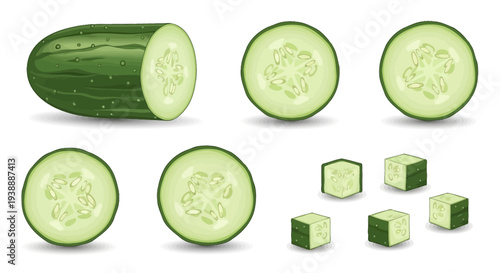 Fresh cucumber slices cubes and cut vegetable set isolated