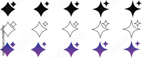 Grid of simple graphic sparkle icons featuring large and small star shapes in solid black outline and modern purple gradient styles