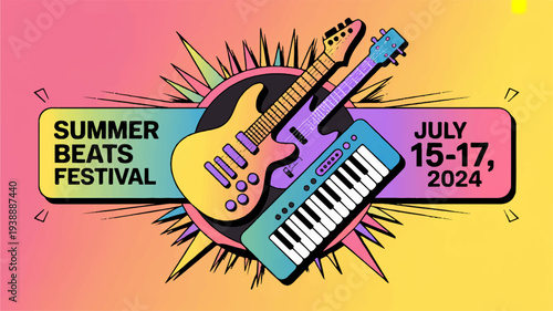 Summer beats festival poster with guitar keyboard and dates july 15 17 2024 music event