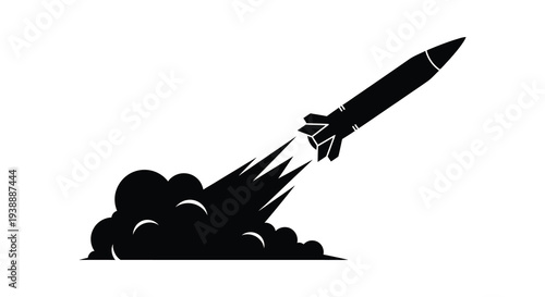 A black rocket launching with fiery exhaust trails depicted as a striking silhouette high quality professional