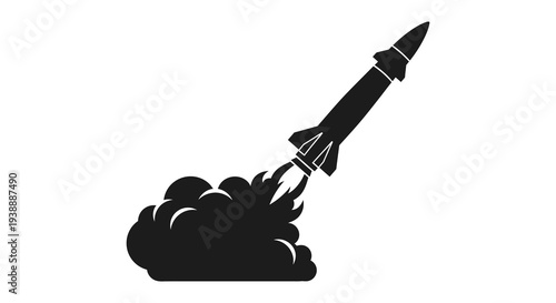 A dynamic black silhouette of a rocket launching with fiery exhaust showcasing space exploration silhouette