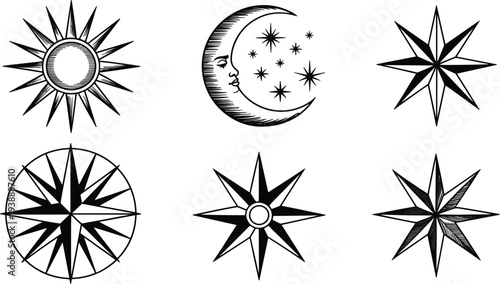 Celestial celestial sun moon and stars vector set with mystical astrology elements for esoteric design projects