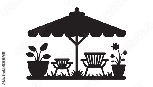 black color umbrella and chair set of silhouette vector illustration, solid white background