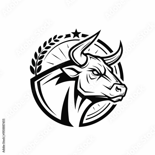 Powerful Bull Head Emblem with Laurel Wreath and Star