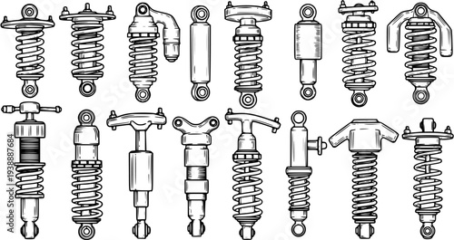 Automotive Shock Absorbers and Suspension Parts Line Art. Black and White Outline Sketch Collection of Car Struts, Coilovers, and Vehicle Dampers.