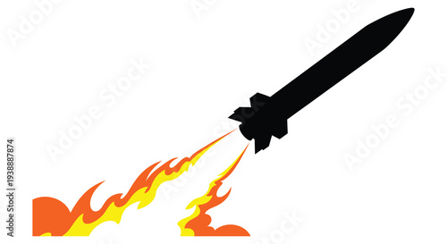 A dynamic depiction of a rocket launching with vibrant flames presented as a striking silhouette