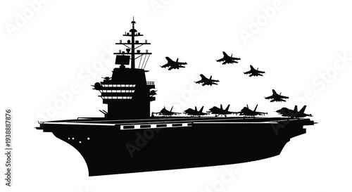 A striking black silhouette depicts a naval aircraft carrier with planes taking off a powerful silhouette
