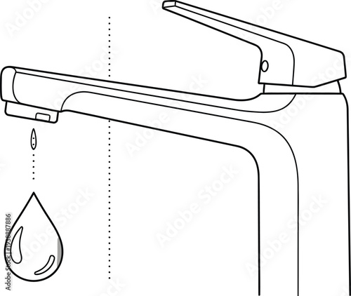 Illustration depicting a contemporary bathroom faucet with a solitary water droplet falling, representing a potential leak or conservation issue.