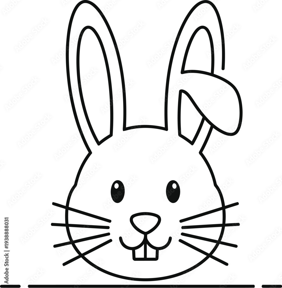 Fototapeta premium Simple black outline drawing of a cute cartoon rabbit head peeking over a dashed line border design element