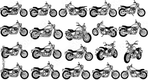 Black and White Line Art Collection of Various Motorcycles, Automotive Vector Icons