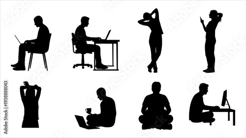 Various individuals engaging in daily activities in different postures and settings, depicted in silhouette