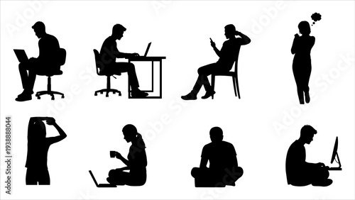 Silhouetted people working in various postures and environments with laptops and devices in a collection of illustrations.