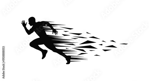 A dynamic illustration of a person running quickly leaving a trail of fragmented shapes silhouette