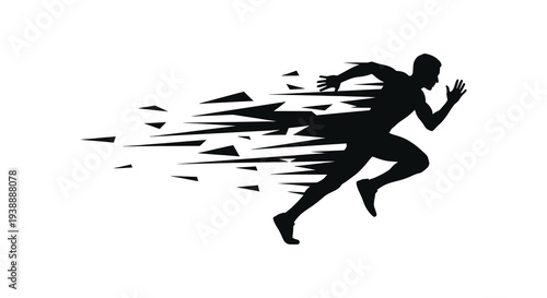 A dynamic illustration of a running man disintegrating into shards a striking silhouette high quality professional