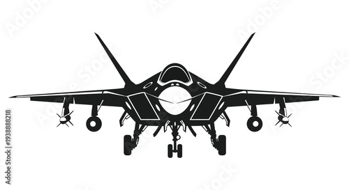 A striking front view of a modern fighter jet rendered as a bold silhouette high quality