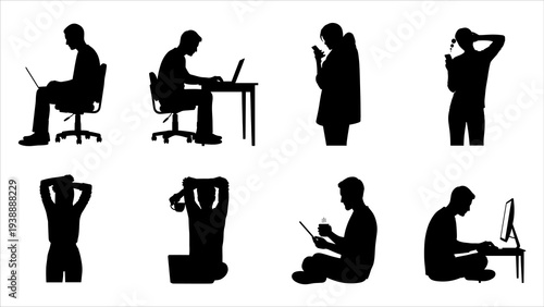 Silhouetted workers in various postures using technology and working on projects in different environments