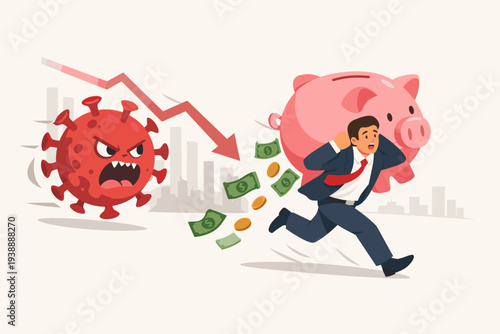 Businessman running away from angry COVID-19 virus monster while carrying large piggy bank, financial crisis and stock market crash concept, investor panic selling during global pandemic risk.