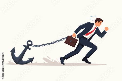 Stressed businessman in suit running and struggling to move forward while being held back by a heavy anchor and chain, symbolizing career burden, professional obstacles, debt, and lack of progress.