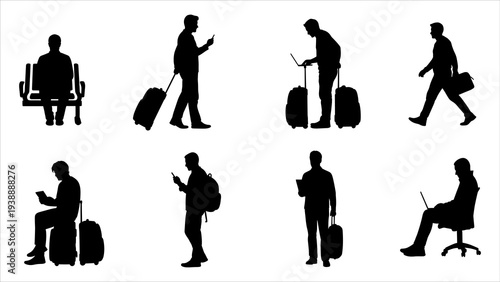 Silhouettes of travelers with luggage in various poses and actions depicted in a minimalist style