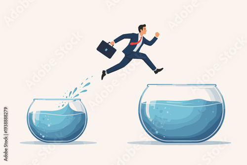 Businessman in Suit Jumping from Small Fishbowl to a Larger One, Metaphor for Career Growth, Escaping Comfort Zone, Seeking Better Opportunities, Business Success, and Professional Development