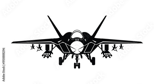 A striking front view of a modern fighter jet detailed with weaponry in silhouette high quality