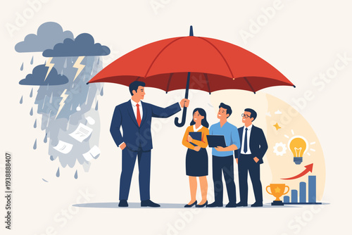 Supportive Leader Protecting Business Team with Umbrella from Risk and Crisis. Manager Defending Employees from Stormy Challenges to Ensure Success, Growth, Innovation, and Career Safety.