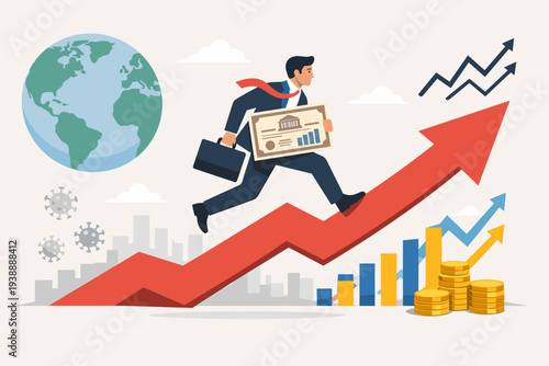 Businessman Running Up a Rising Arrow Graph Holding a Government Bond Certificate Representing Global and US Treasury Yields Surge and Economic Recovery After Pandemic Financial Market Growth.