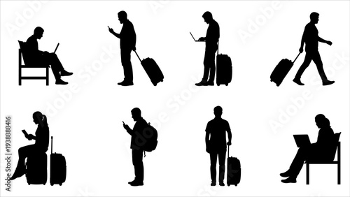 Silhouetted figures with luggage in various poses and actions, showcasing travel and mobility in a minimalist style.