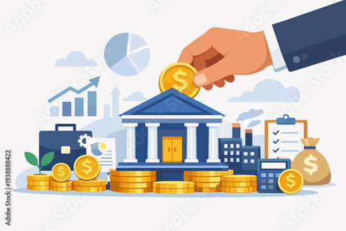 Investment Bank Financial Service for Advisory, Wealth Management, and Loans. Hand Putting Gold Coin into Bank Building with Money Stacks, Charts, Calculator, and Business Growth Icons.
