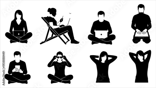 Collection of people in various yoga and meditation poses, showcasing different relaxation techniques and mindfulness practices, illustrated in a minimalist style