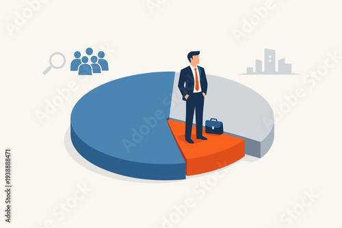 Business professional standing on a small orange segment of a large pie chart, illustrating niche market strategy, target audience segmentation, customer focus, and specialized market share.
