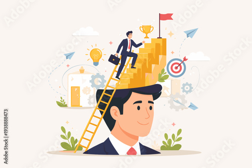 Personal Development and Growth Mindset Concept for Career Success with Businessman Climbing Stairs Out of Head Towards Trophy and Goal Flag, Motivation, Ambition, and Self Improvement Vector Art