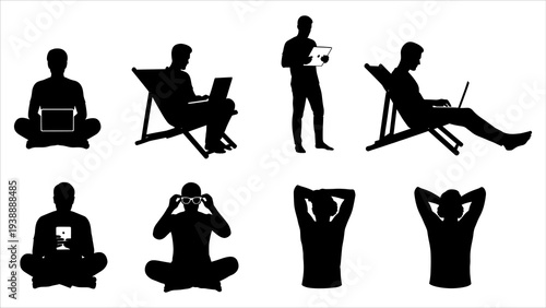 Collection of people relaxing and working in various poses and settings depicted in minimalist silhouettes