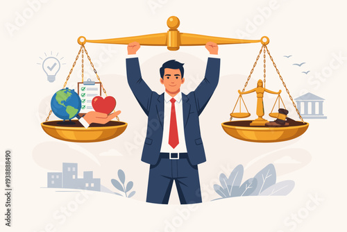 Businessman holding scales of justice balancing corporate social responsibility with law and ethics, representing integrity, trust, and moral principles in business and global leadership.