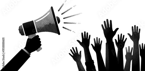Halftone of a Megaphone and Raised Fists Symbolizing Protest and Activism
