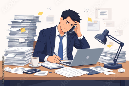 Stressed Workaholic Businessman Multitasking at Messy Office Desk with Stacks of Paperwork, Tired and Exhausted Professional Overwhelmed by Heavy Workload and Deadlines, Vector Illustration