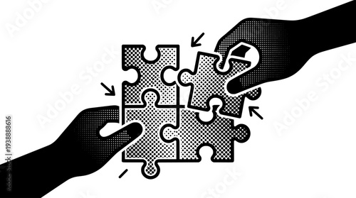 Hands assembling a puzzle with halftone dots, symbolizing teamwork and solutions

