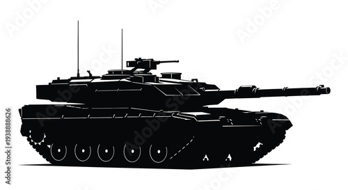 A stark black silhouette of a modern military tank dominates the frame showcasing its powerful design silhouette