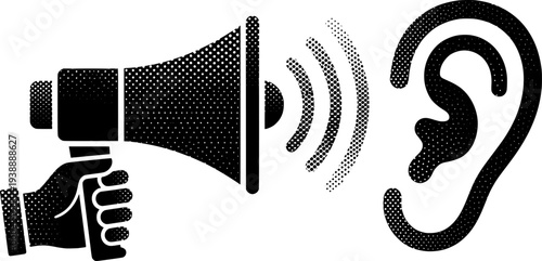 Hand holding a halftone megaphone directed at a halftone ear
