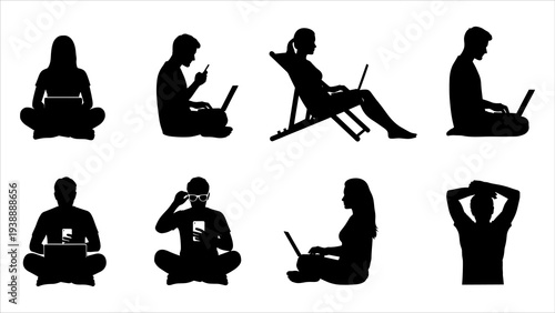 Silhouetted people in various poses using laptops and relaxing in different environments and settings.