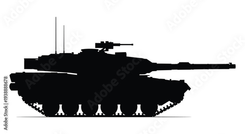A stark black silhouette of a modern main battle tank powerfully conveying military strength silhouette