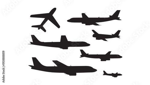 black color airplane set of silhouette vector illustration, solid white background